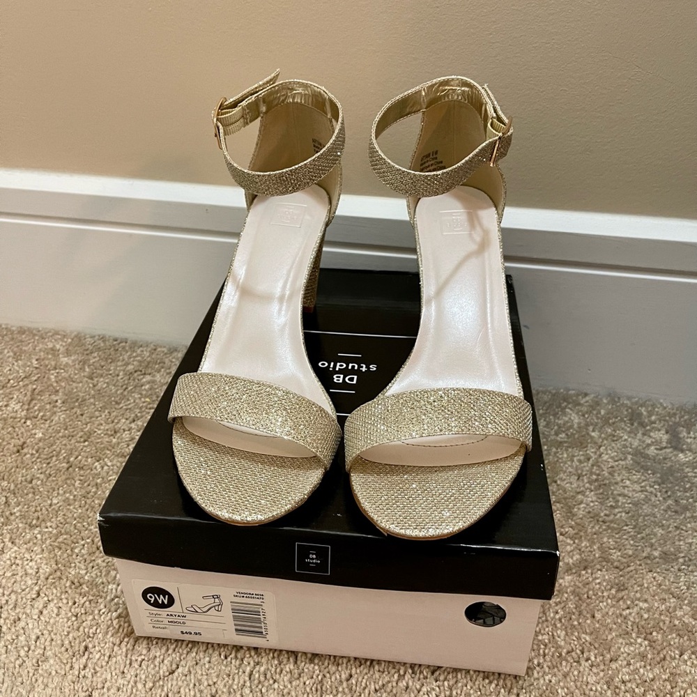 Sparkly Gold DB David’s Bridal Studio Aryaw Block Heel Ankle Strap Dressy Sandal